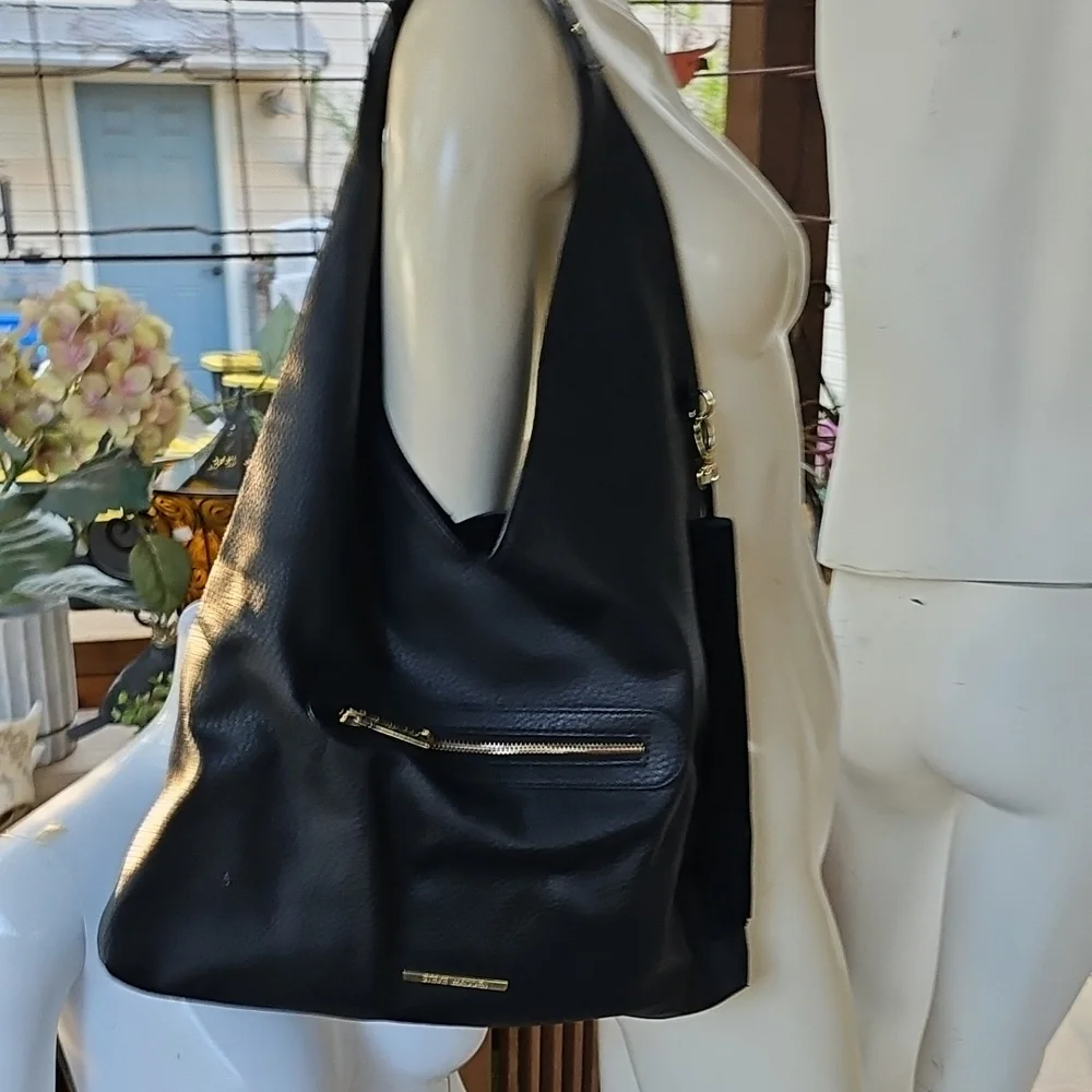 STEVE MADDEN Black Faux Leather Shoulder Large Hobo Shoulder Bag Tassel Charm - Picture 1 of 12